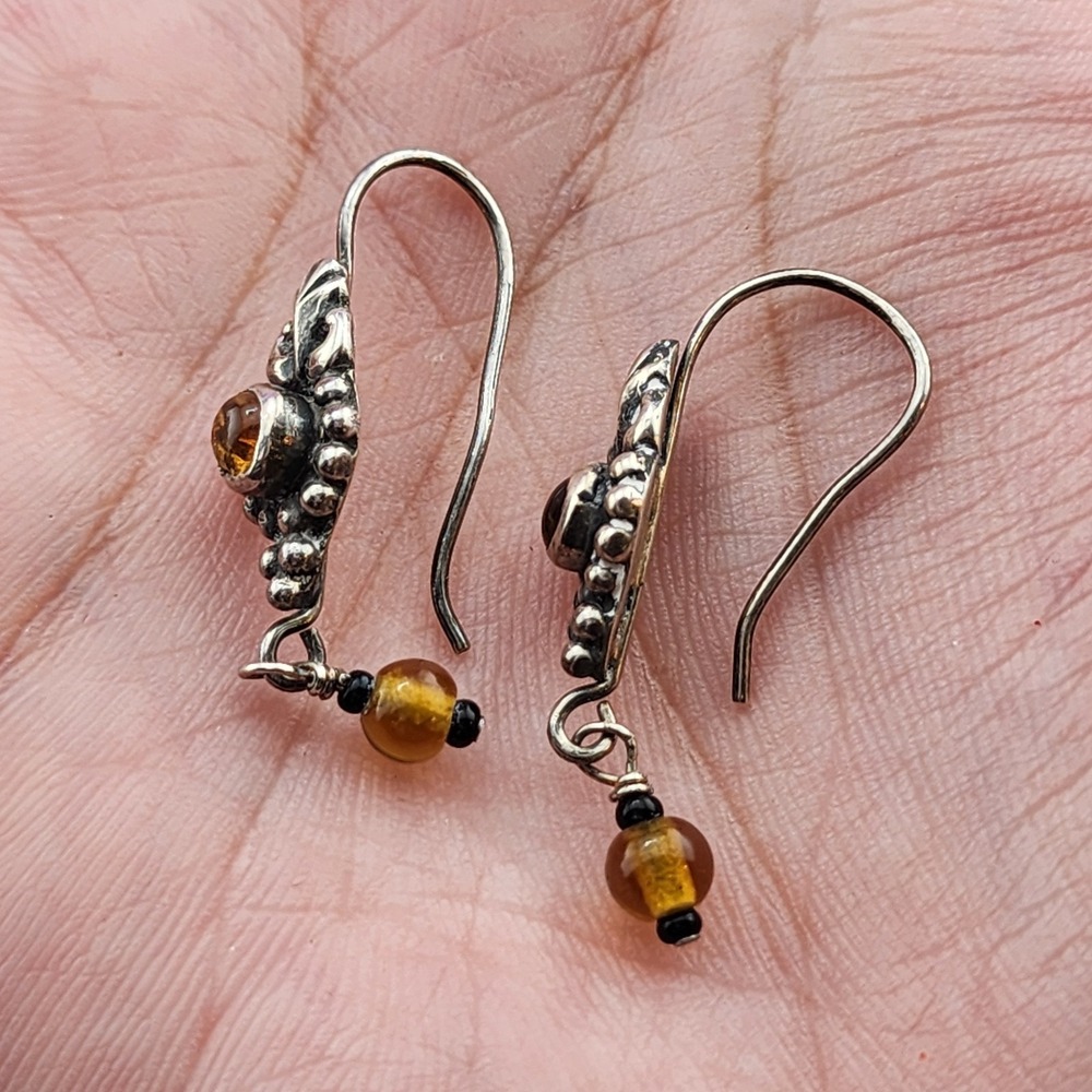 Silver Tone Amber Glass Cabochon Dangle Earrings Ornate Boho Artisan Jewelry